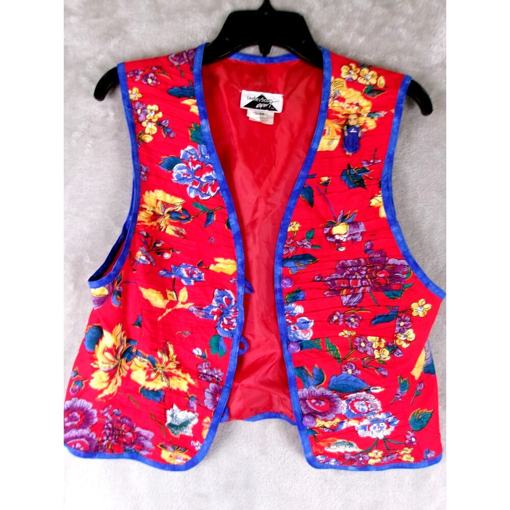 Vintage Lindsey Scott Red Floral Vest Rose Buttons USA M